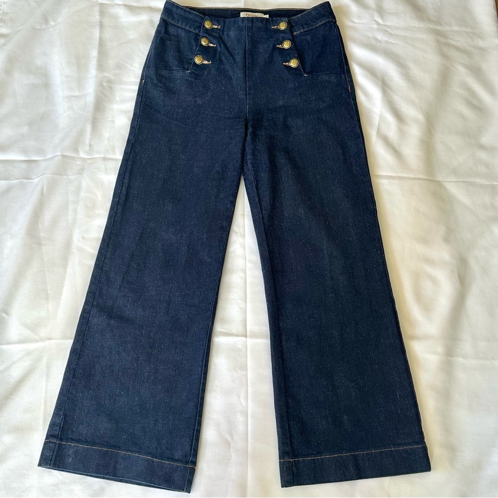 Denim SailorJeans Blue Flare Wide Leg with Gold Buttons Size Large 99% COTTON - Picture 4 of 16